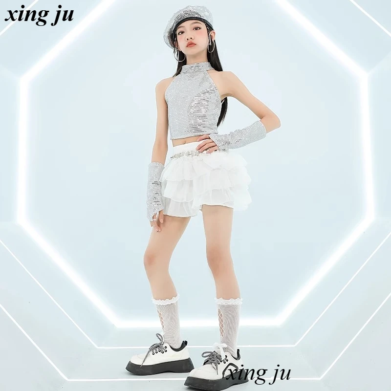Nieuwe kinderen zilveren pailletten halter vest jazz kostuum meisje street dance witte elastische gezwollen rok kinderen hiphop show outfits