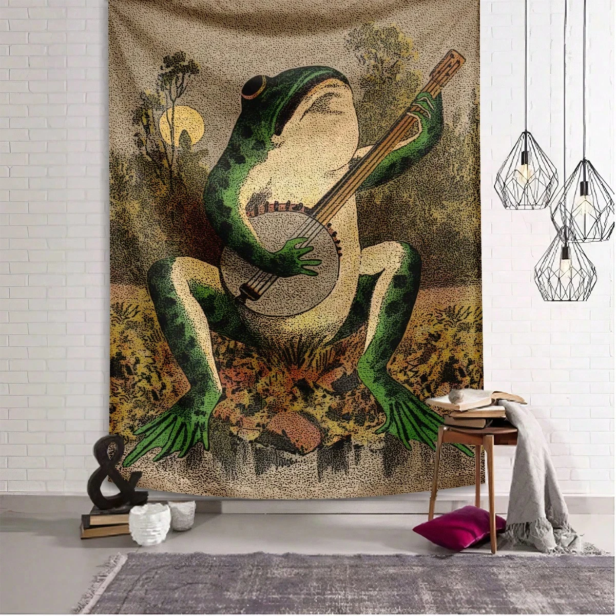 Tapiz de rana Retro, decoración con estampado 2D de animales para juegos de banjo, Material de poliéster, para todas las estaciones, para pared de dormitorio y salón, 1 ud.