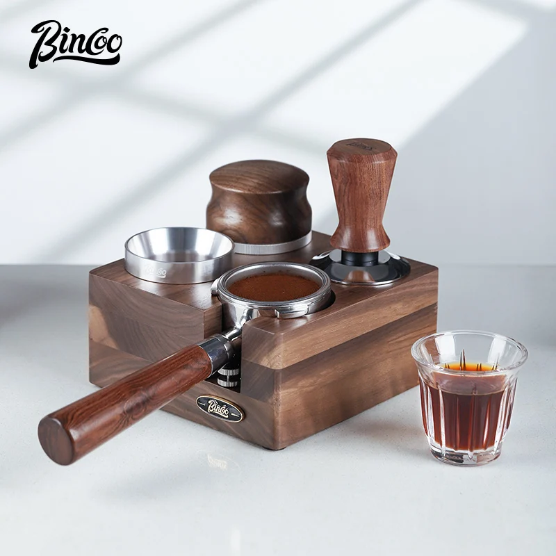 Bincoo Coffee Press Base Four-Hole Walnut Handle Storage Coffee Powder Dispenser Press Hammer Coffee Utensils