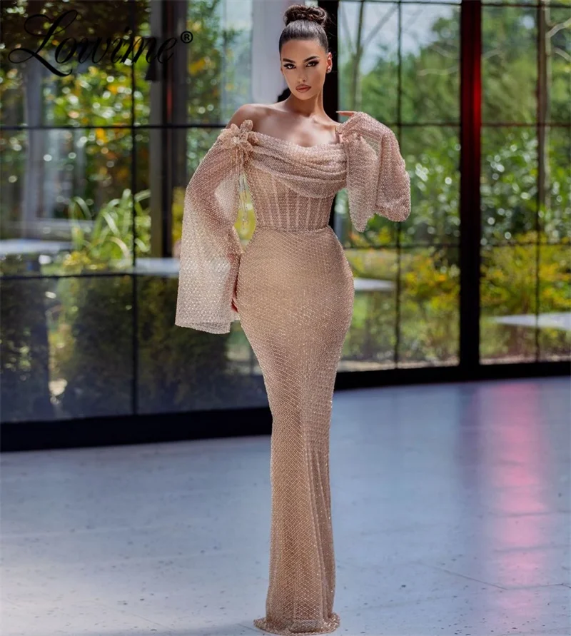 

Deep Champagne Women Evening Gowns Off Shoulder Long Sleeves Heavy Beads Party Dress 2024 Mermaid Aso Ebi Birthday Prom Dresses
