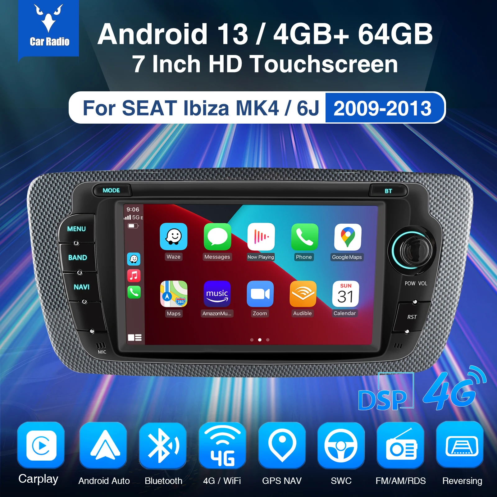 ESSGOO Android 13 4 64G Wireless CarPlay Android Auto Radio For Seat Ibiza 6j 2006 - 2012 Car Multimedia GPS 2din autoradio