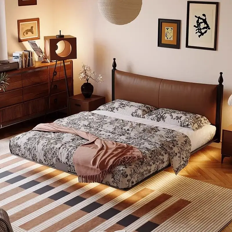 Minimalist genuine leather bed, soft-wrapped double master bedroom, large bed, floating bed