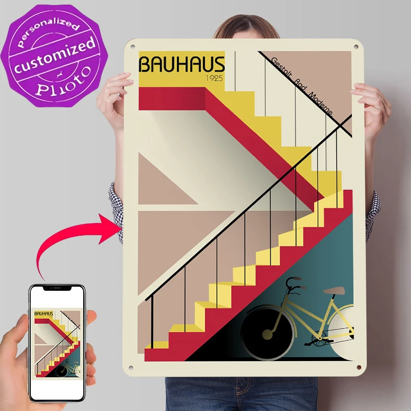 Bauhaus Staircase Tinplate Poster Customized Wall Art Retro Vintage Metal Signs for Fans Modern Home Decoration Ornaments Decor