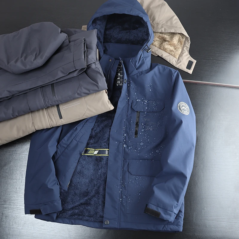 

Водонепроницаемая хлопковая куртка с флисовой подкладкой для мужчин, осенне-зимняя, новая, ветрозащитная, теплая, с капюшоном, на молнии, повседневная, декорированная