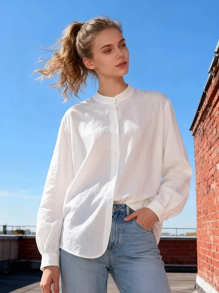 

Свободная белая рубашка с длинным рукавом для женщин, повседневная, в французском стиле, с воротником-стойкой, приталенная, весенне-осенняя, модная, топ