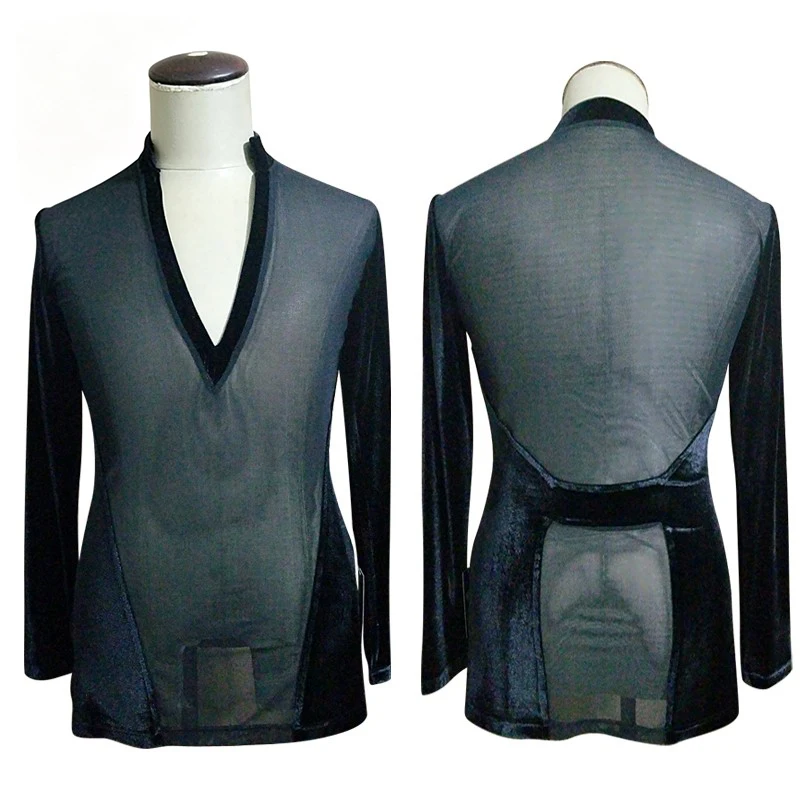 Men's Latin Dance Top Black Mesh Velvet Spliced Top Chacha Rumba Dancing Outfit Male Latin Dance Performance Stage Wear VDL5823