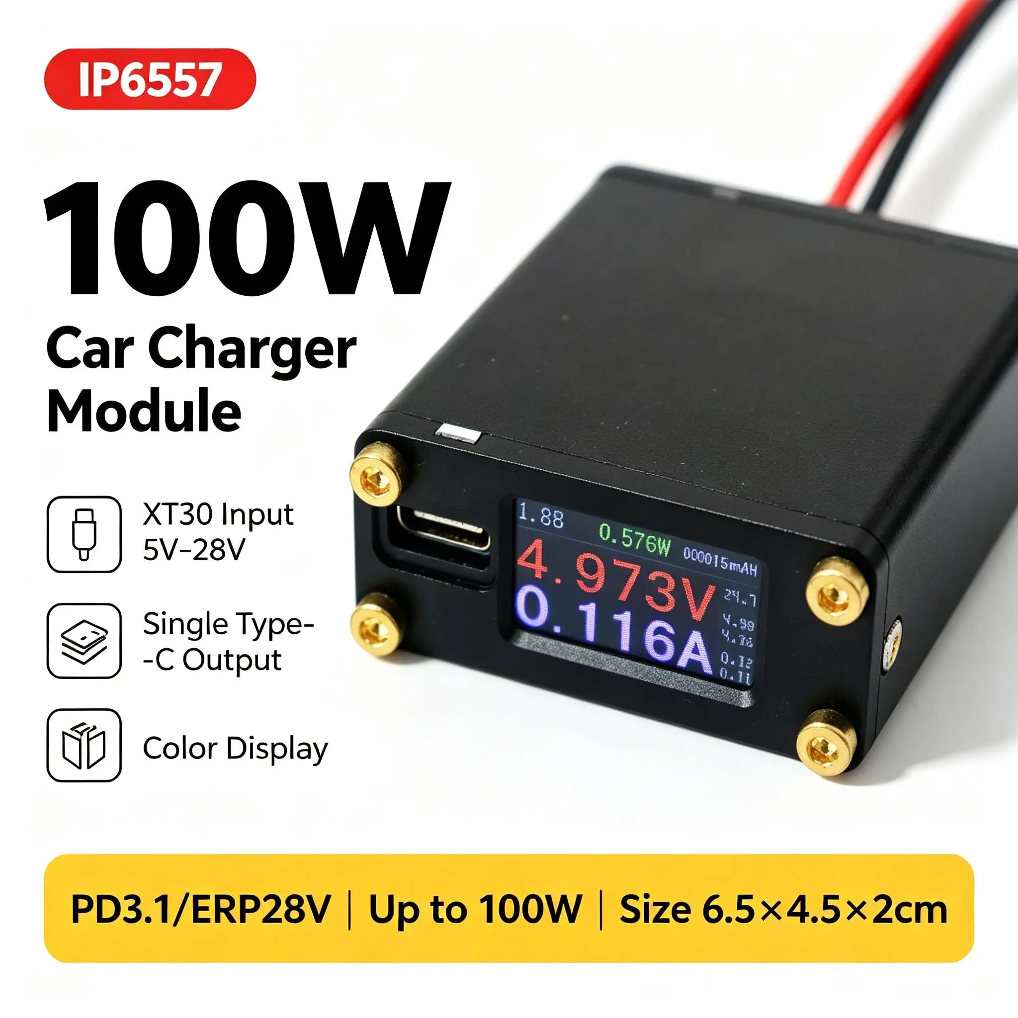 DYKB IP6557 100W USB-C PD3.1 Buck-Boost Car Charger Module XT30 Input Color Display UFCS PPS 5V 9V 12V 15V 20V PD Fast Charging