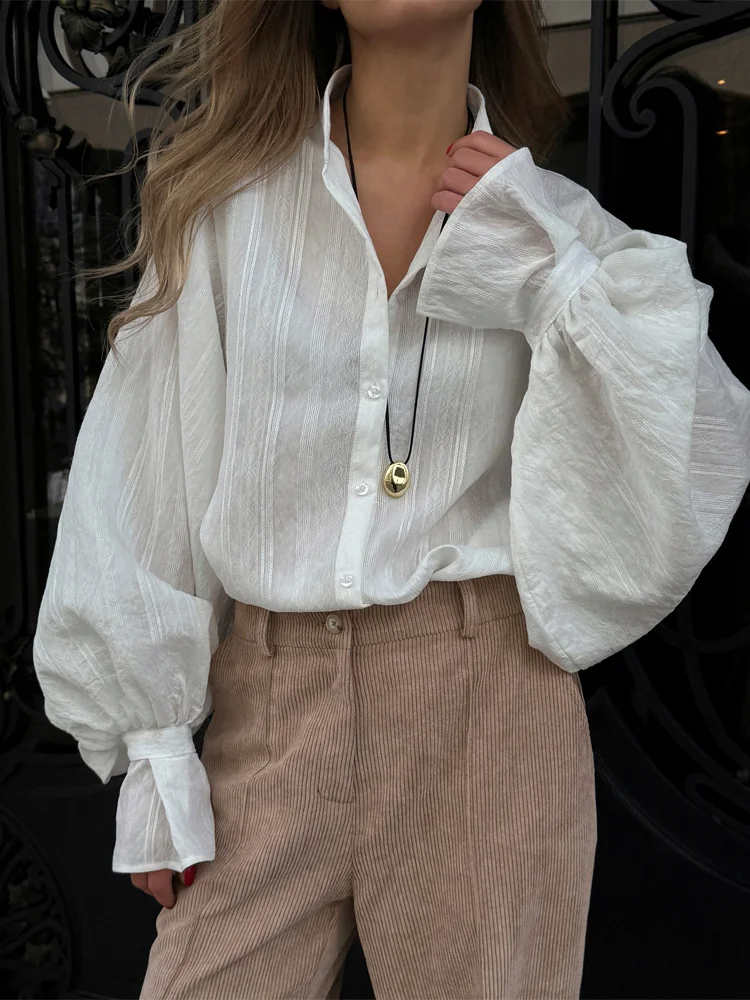 

Lady White Solid Blouses Oversized Puff Sleeve Stand Collar Single Breasted Loose Shirtscasual 2026 Women Chic Spring Summer