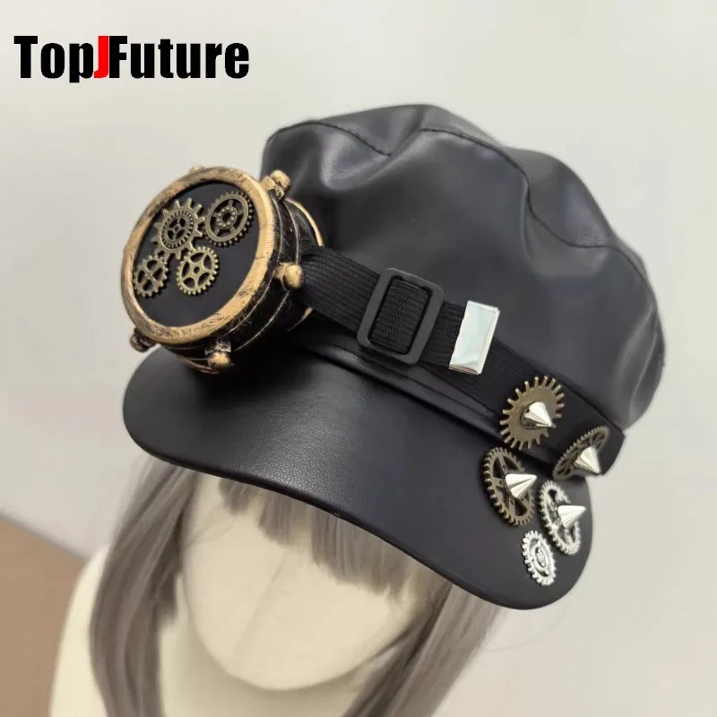 Steampunk Lolita Handmade Gear Monocular Protective Mirror Newspaper Hat Dark Gothic Rivet Duckbill Cap Women Men Leather Cap
