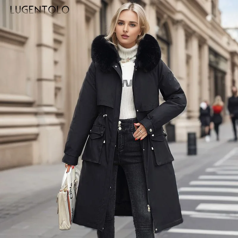 Women Fashion Parkas 2024 Long Thickened Detachable Down Cotton Lined Warm Jacket Elegant Faux Fur Collar Cinched Waist Coat