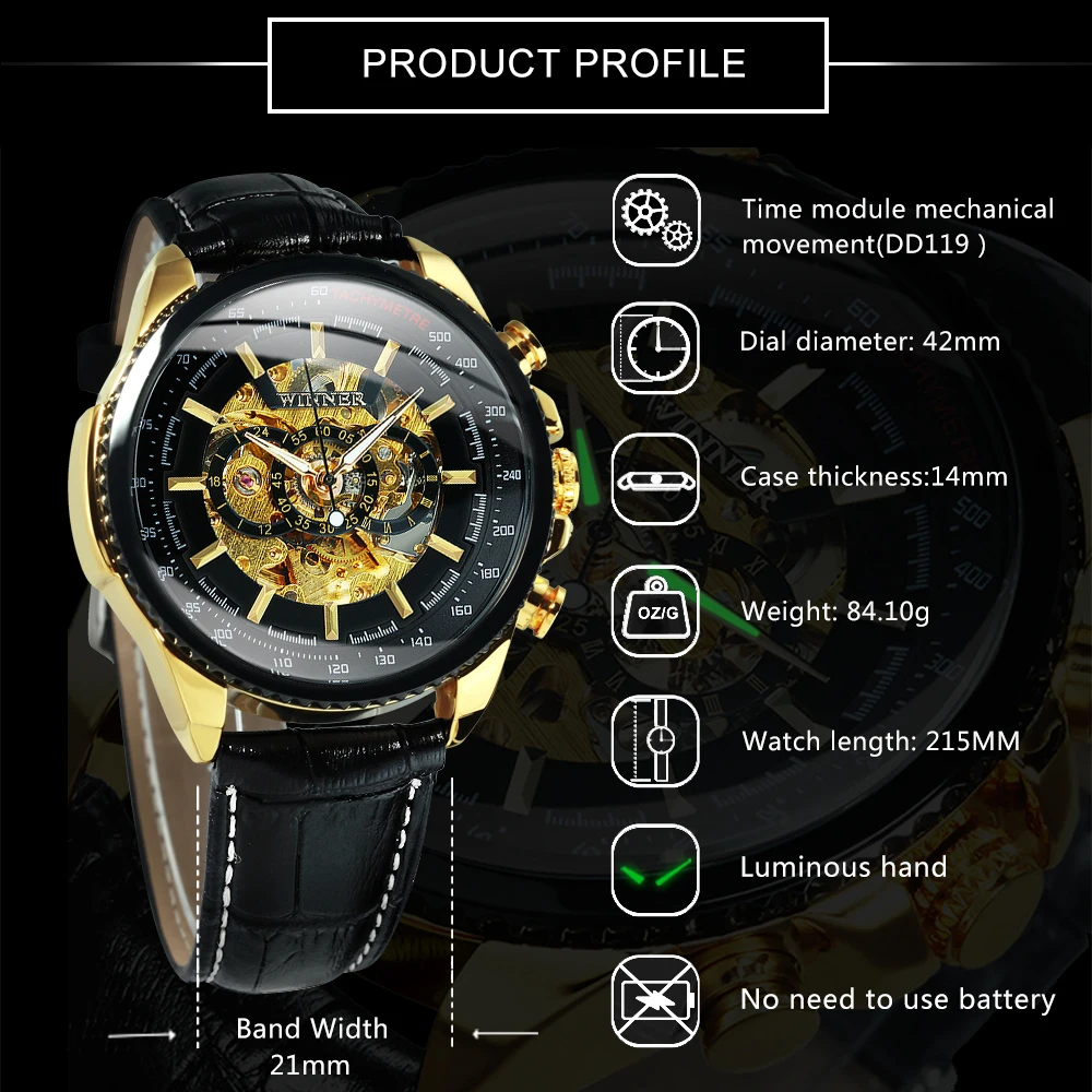 WINNER Military Skeleton Automatic Watch for Men Top Brand Luxury Sports Mechanical Watches Casual Leather Strap Luminous Hands