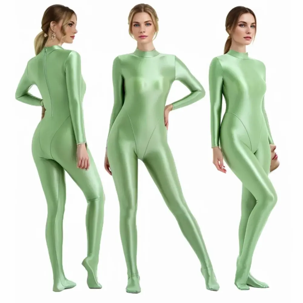 MJINM Women Stretch Long Sleeve One Piece Sports Pants Jumpsuits V-shaped Crotch Zentai Cosplay Back Zipper Bodysuit Yoga Tights