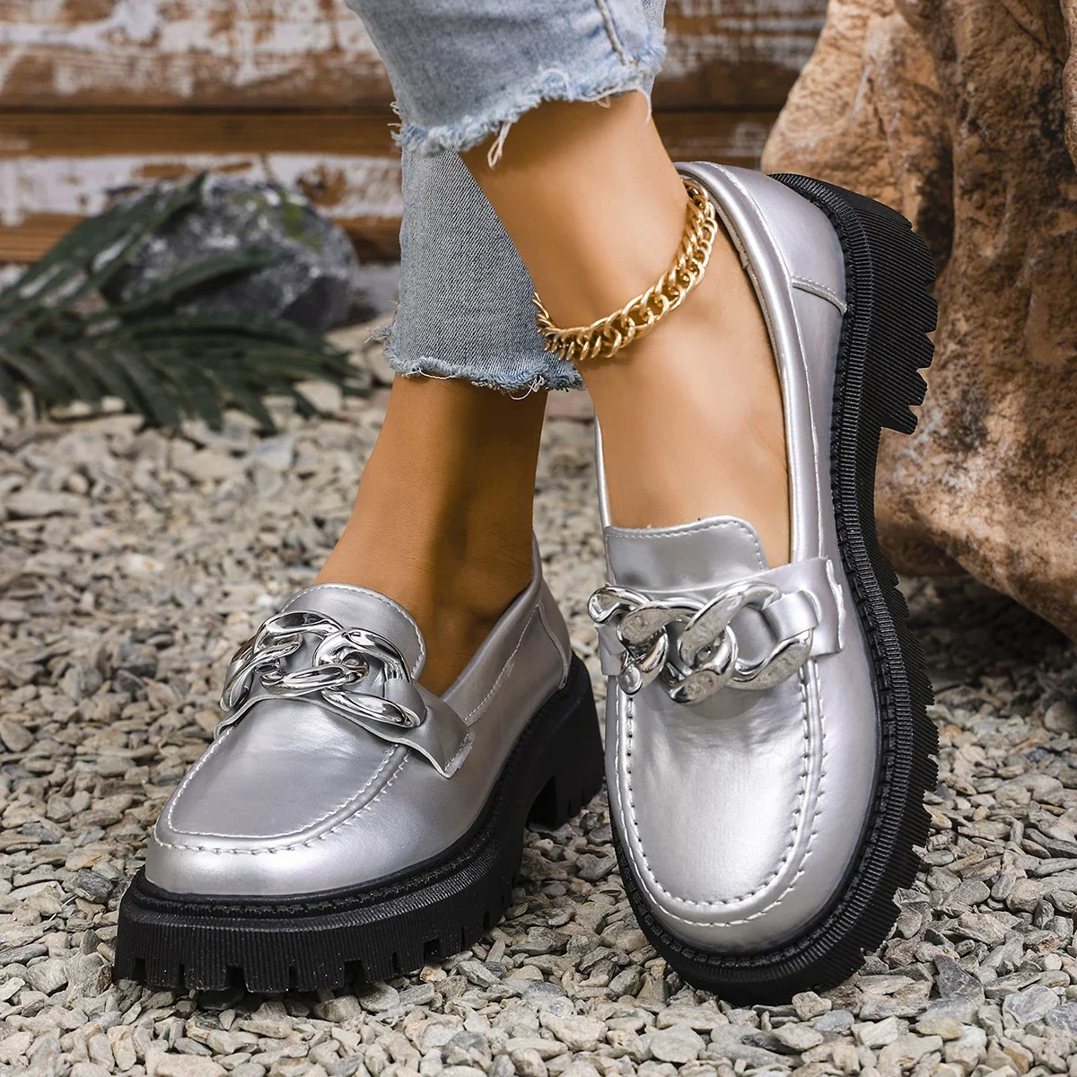 

Chain Decor Silver Loafers for Women Platform PU Leather Casual Shoes Woman Spring Summer Comfort Slip On Flats Shoes Plus Size
