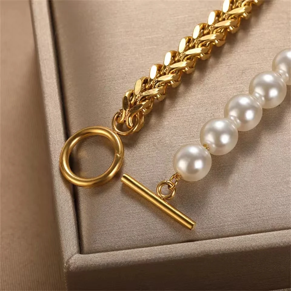 New 316L Stainless Steel Half Chain Pearl Bracelet for Women Men Keel Kpop Jewelry Accessories Aesthetic