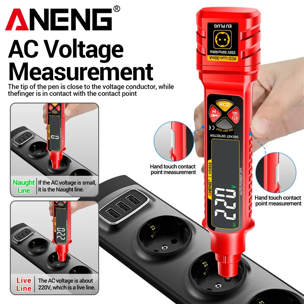 Socket Power Tester Line Detection AC/DC Voltage Measuremen Polarity Leakage NCV Voltage Sensing Electricians Tools ANENG VD808