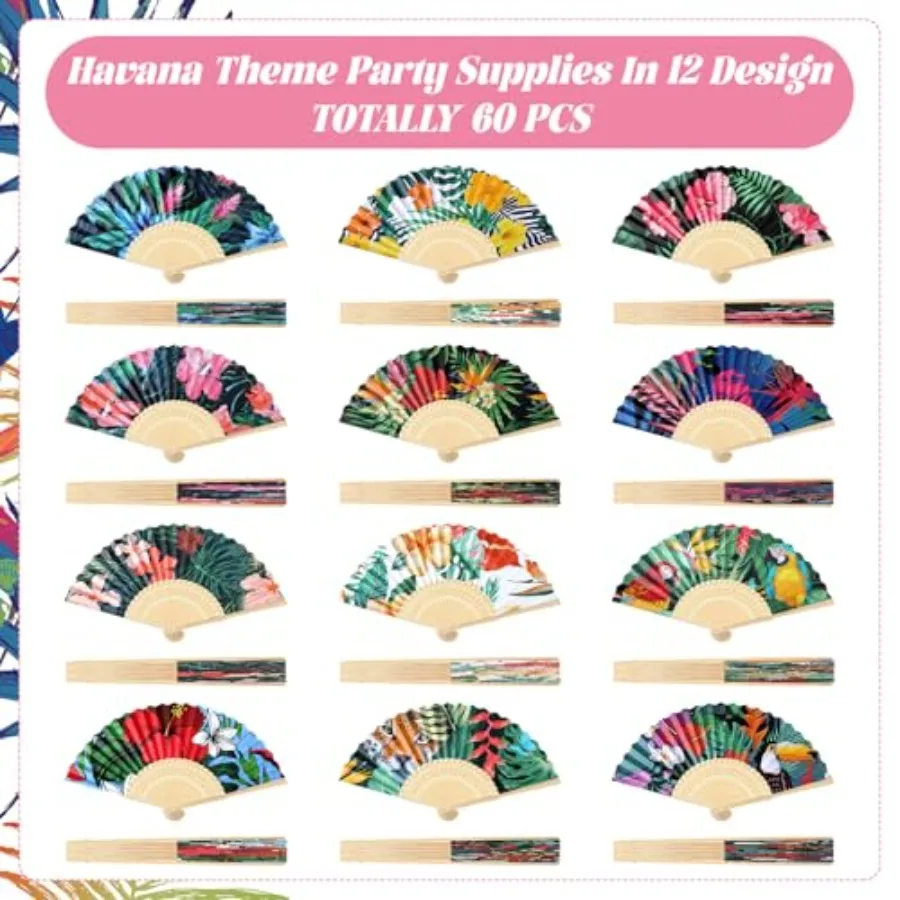 Karenhi 60 Pcs Havana Nights Folding Fans Bulk Hibiscus Tropical Folding Cuban Hand Held Fans Havana Nights Party Decorations f - view 2