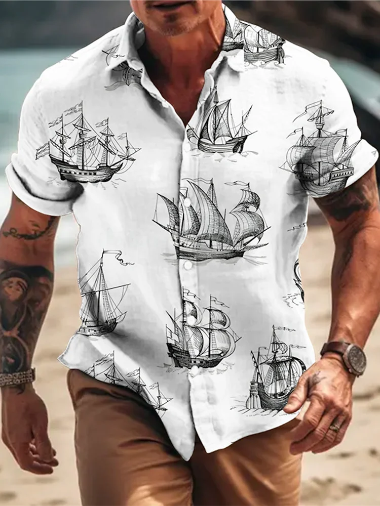 

Vintage Sailboat Print Men's Short-sleeved Shirt Summer Street Fashion Men's Casual Shirt Outdoor Daily Sports Men's Shirt