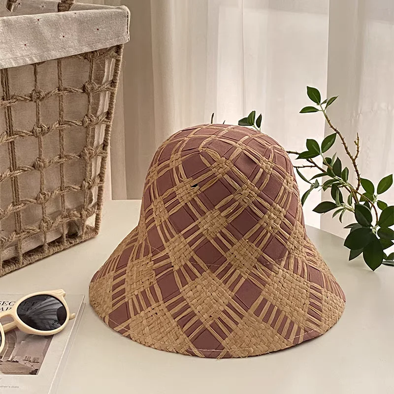 New Color Women's Raffia Straw Hat Fisherman Hat Foldable Sun Protection UV Hat Splicing Design Beach Hat Handmade Straw Hat