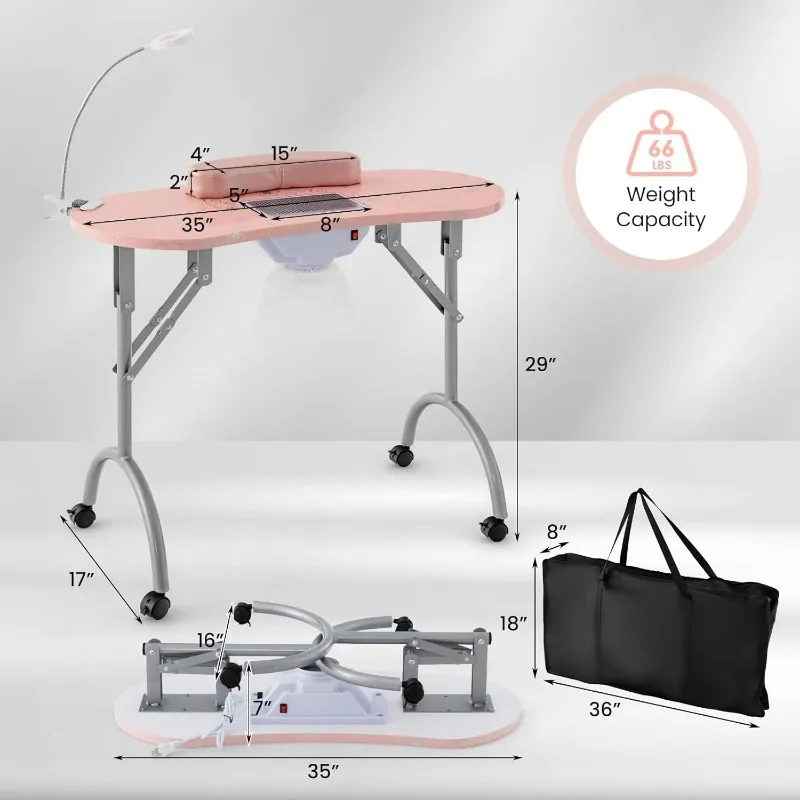 Dobrável Nail Desk para Nail Tech Candeeiro de mesa LED Coletor de pó elétrico, Carry Bag, 4 Lockable, W/Bendable, 35"