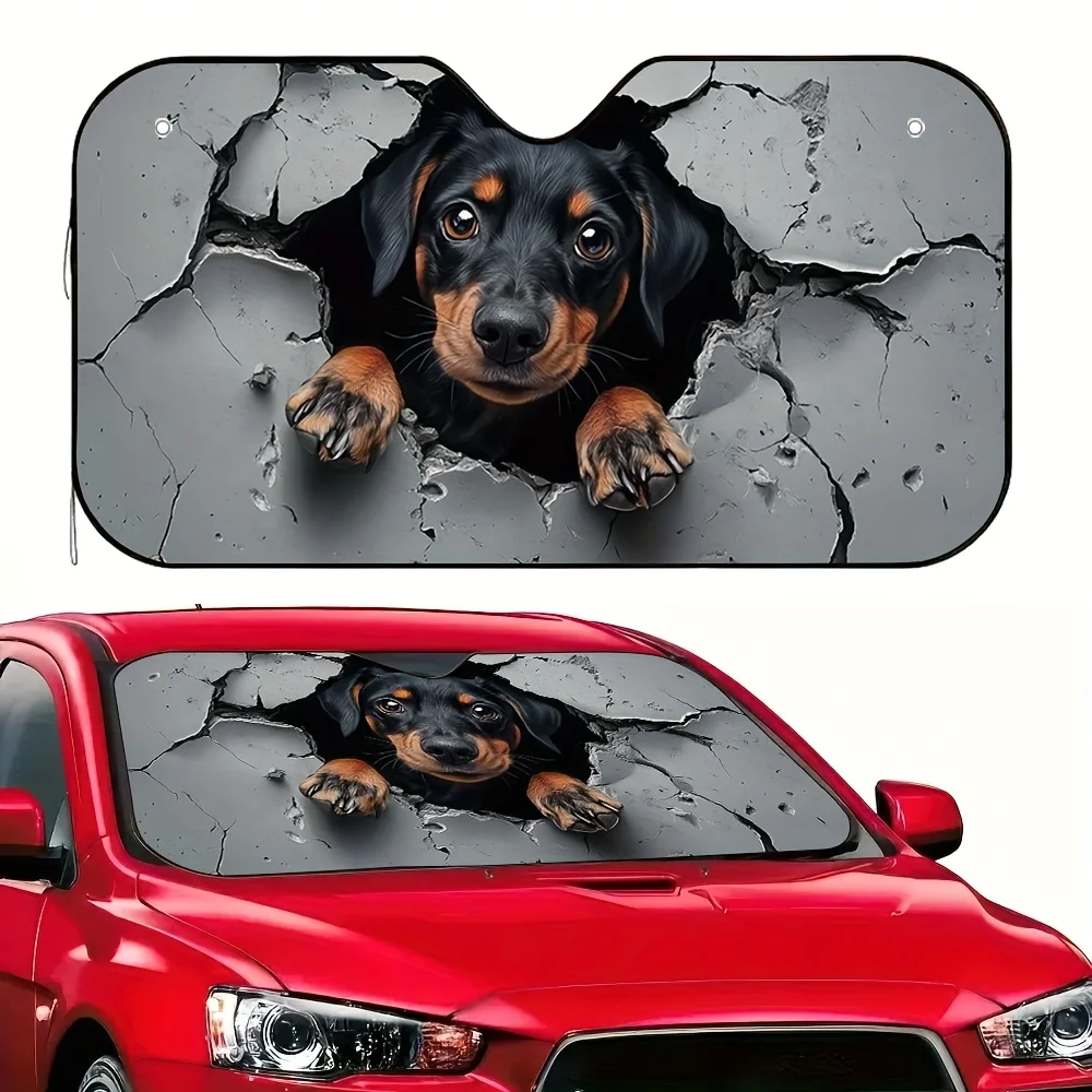 

1pc Dog Breaking Through Wall Print Car Windshield Sun Shade - Fit Front Window Sun Visor With 4 Suction Cups, Heat-Blocking Sum
