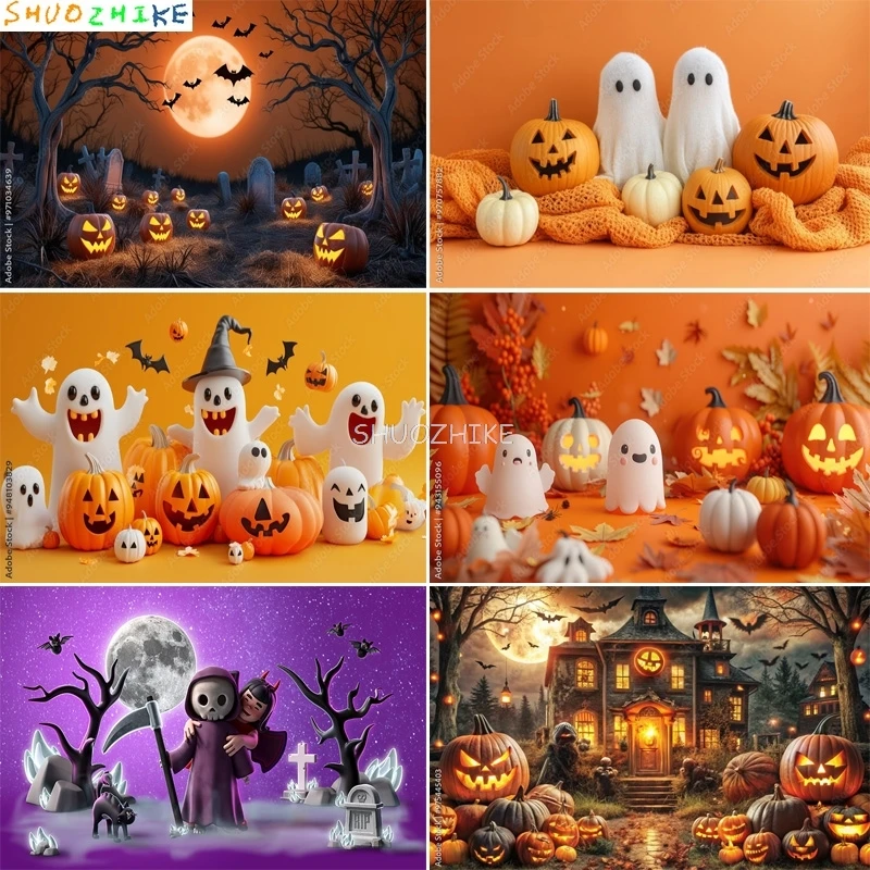 

Ghosts Jack-o'-Lantern Halloween Day Photography Backdrops Castle Demon Horror Pumpkins Moon Hallows-Eve Background KB-12