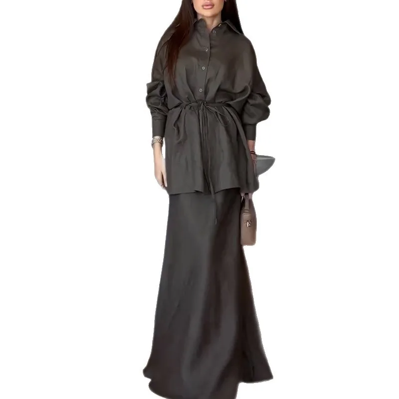 Summer Women's Clothing Matching Sets Long Sleeve Shirt High Waist Maxi Skirt Two Piece Set Polyester Loose Fit Casual Wear