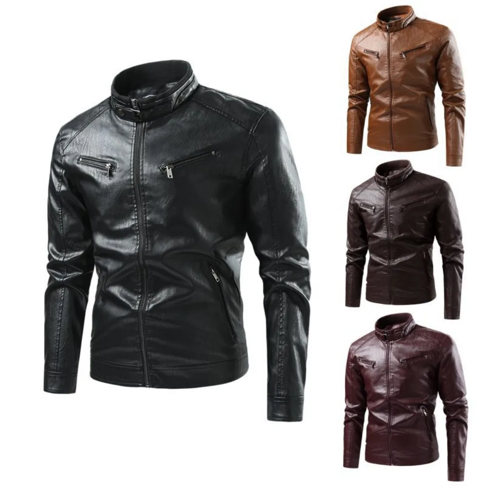 

Men's Leather Jacket 2025 New Spring and Autumn Thin Style Stand Collar Striped PU Leather Jacket Motorcycle Leather Jacket