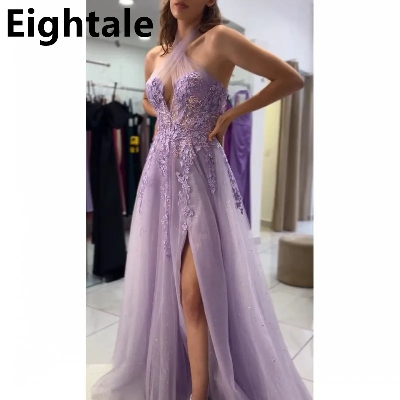 

Eightale 2025 Lavender Tulle A Line Evening Dresses For Wedding Party Halter Neck Sexy Slit Appliques Prom Dress Party Gown