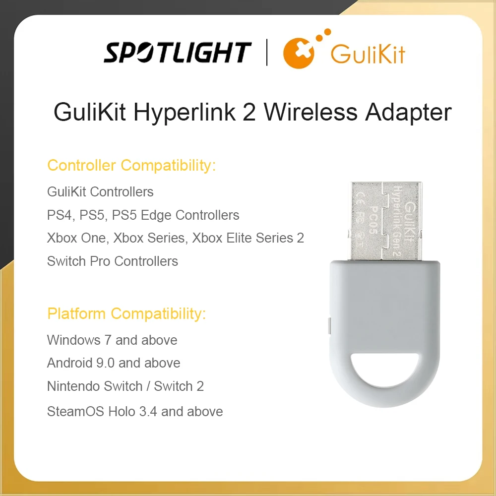 GuliKit Hyperlink 2 Wireless Adapter PC05 Dongle for PS5 PS4 Controller,Xbox One Gulikit Gamepad for Windows Android Switch 1/2