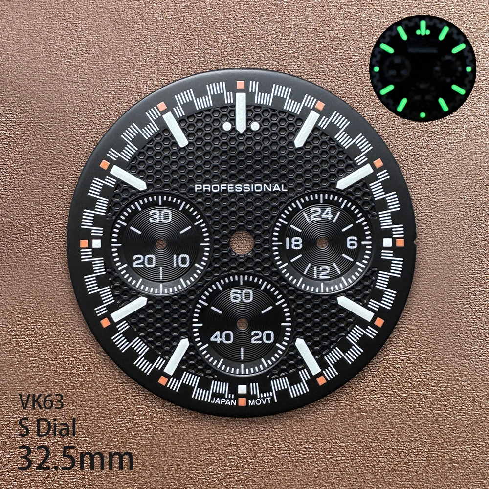 32.5mm S 로고 매트 다이얼 VK63 무브먼트에 적합 녹색 Lminous Sunray 품질 시계 수정 액세서리