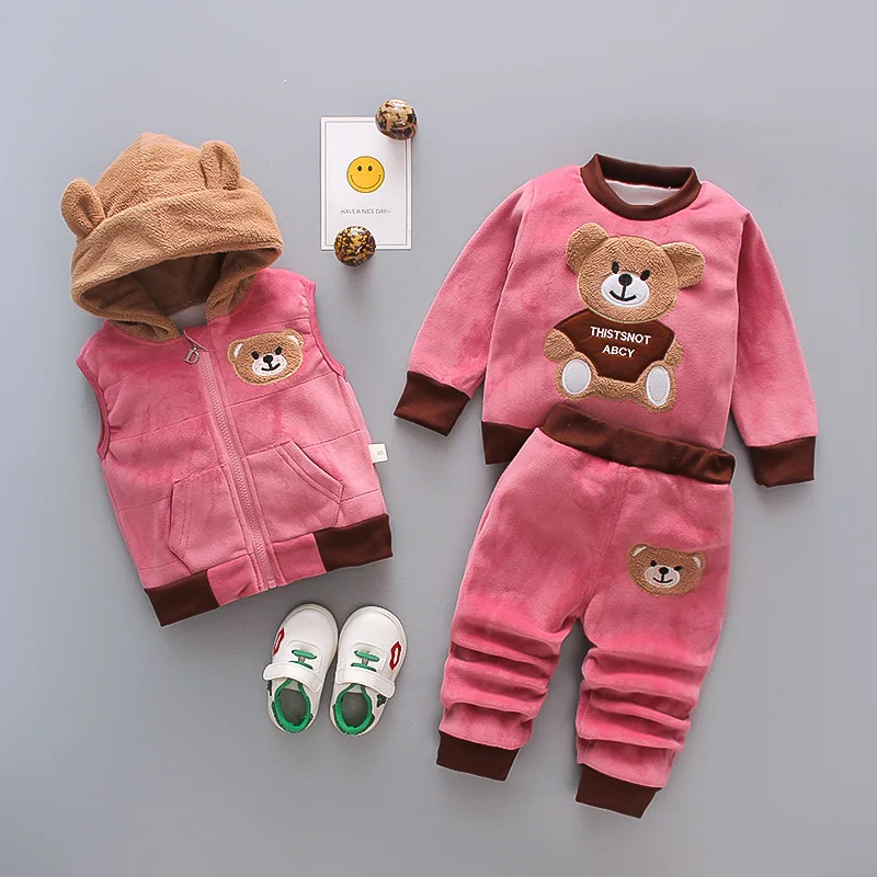 Korean version new plush and thick winter long sleeved set cartoon casual baby boy clothing double-sided plush baby clothing3PS