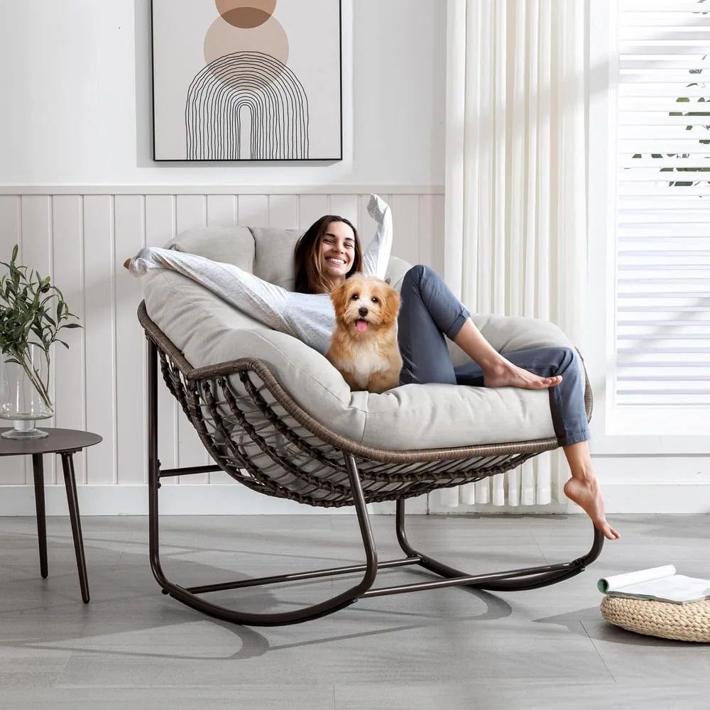 Indoor Outdoor Rocking Chair,Oversized Rocking Papasan Chair with Thick Cushion and Frame Rocker, Comfy Wicker Egg Chairs Lounge