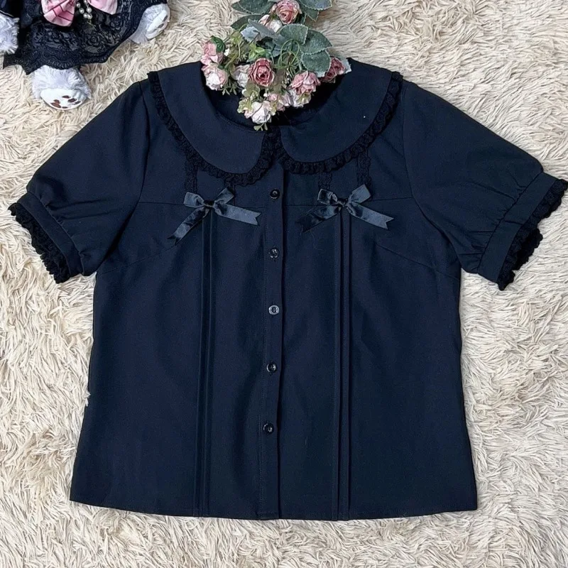 Lolita Preppy Style Shirts Bow Ruffles Folds Peter Pan Collar Puff Sleeve Solid Color Blouses for Women Summer Sweet Clothing