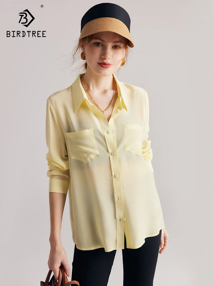 

Birdtree 6A 100%Mulberry Silk Women Solid Shirts Crepe De Chine Chest Pockets Chic Blouses 2023 Fall Winter Plain Top T38352QC