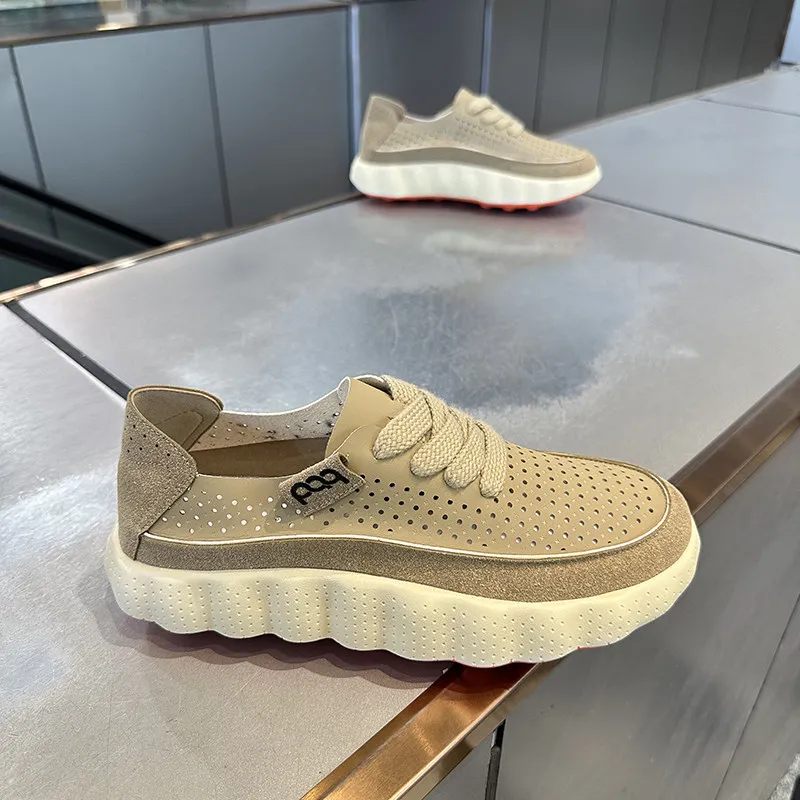 Men White Hollow Perforated Platform Sneakers Wave Wavy Thick Sole Two Tone Soft Leather Slip on Daily Walking Casual Shoes