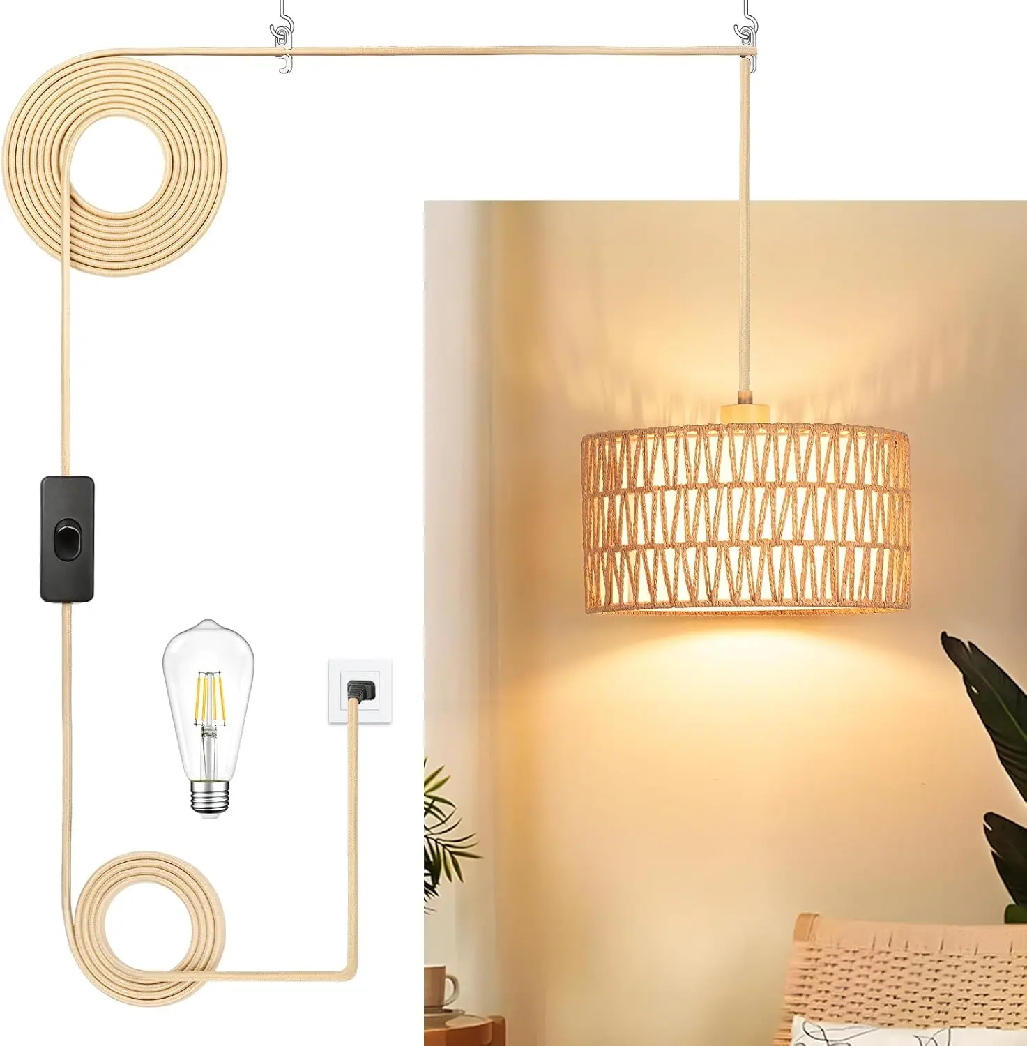 

Подвесной светильник из ротанга с бумажным и тканевым абажуром, в комплекте с диммируемой лампочкой, для гостиной, спальни, фермерского дома