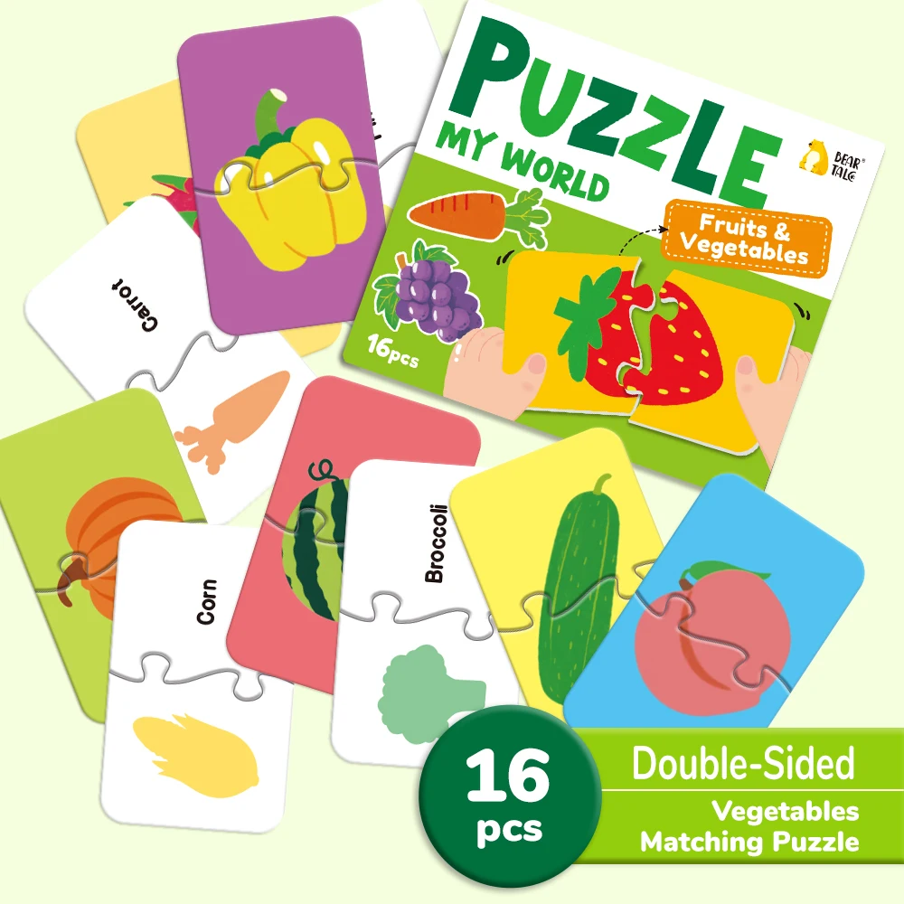 Double-sided fruit and vegetable puzzle matching cards, cartoon cognitive flashcards, hand-eye coordination puzzle game gift.