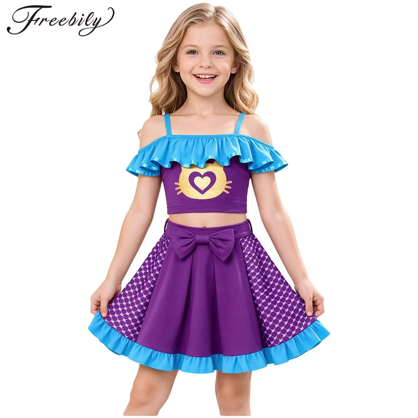 Little Girls Movie Character Cosplay Costume Cat Printed Color-blocked Ruffled Crop Top with Bowknot Pleated Skirt for Halloween