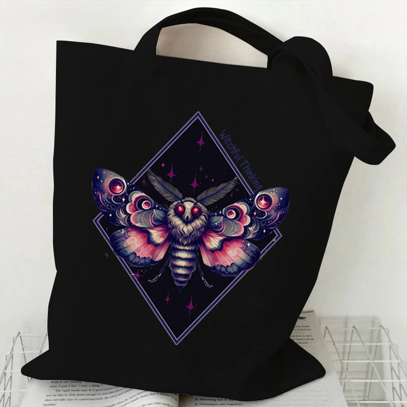 Vintage Gothic Sun Moon Butterfly Print Women Canvas Tote Bag Fashion Casual Shopping Handbag Butterfly Lover Teen Shoulder Bag