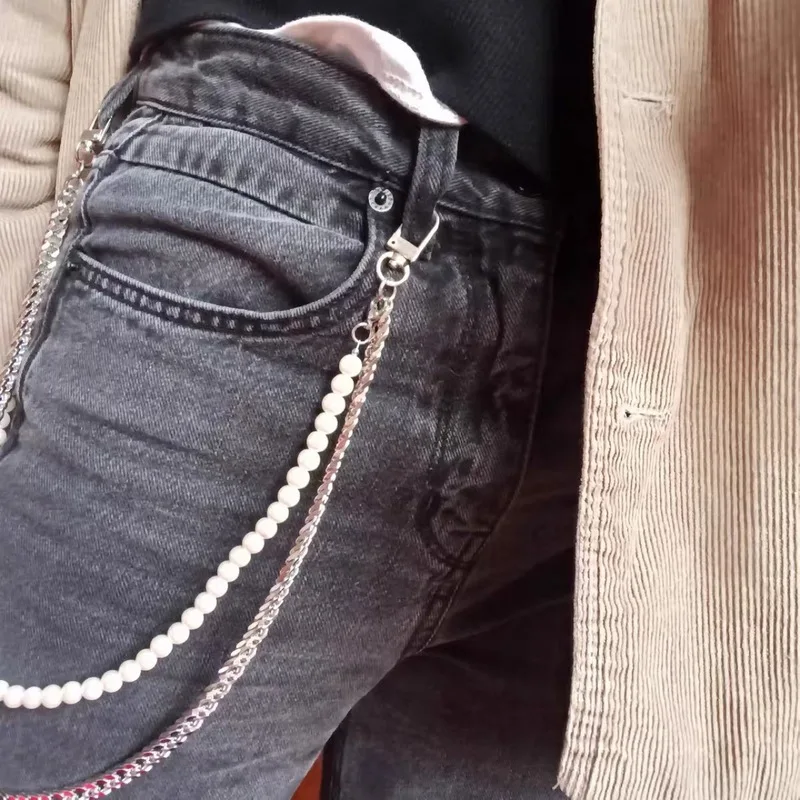 Double Layer Pearl Metal Pants Chain Silver Waist Chain Y2K Harajuku Style Jeans Chain Unisex Hip‑Hop Street Daily Outfit