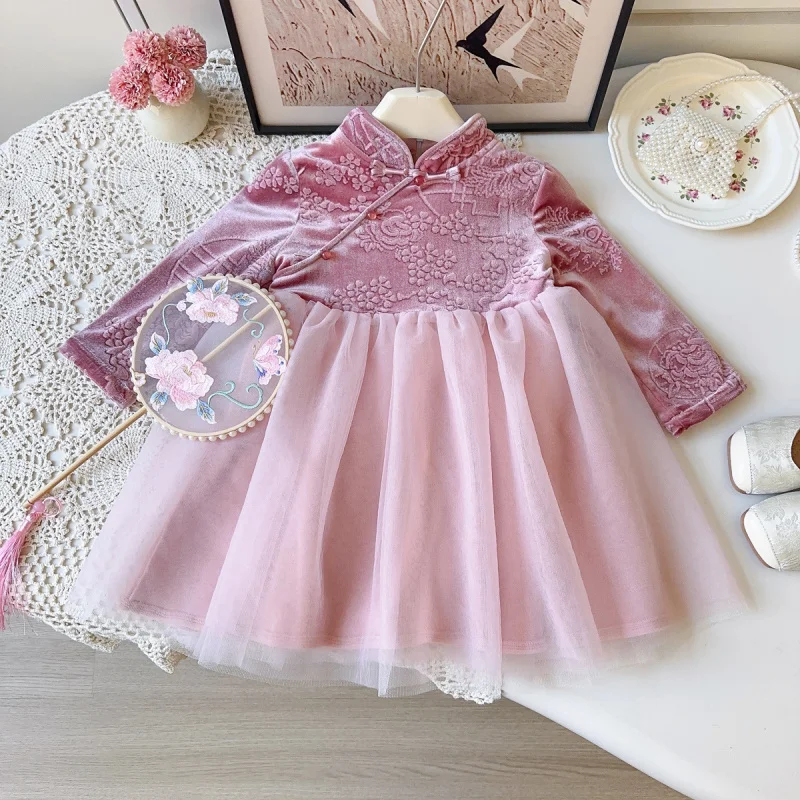 

Girls' Chinese Style Dress Winter New Baby Girl New Chinese Style Hanfu Long Sleeve Mesh Dress