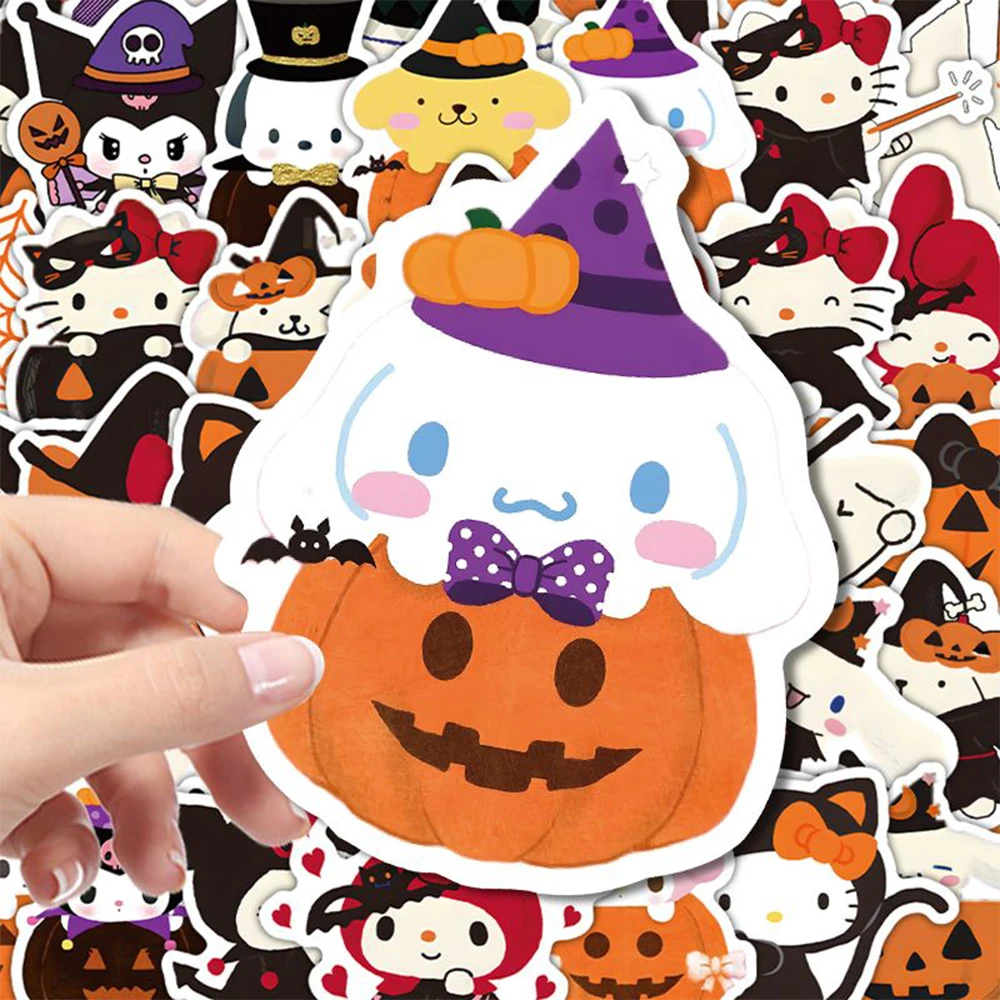 10/30/63 pçs kawaii dos desenhos animados halloween sanrio kitty kuromi melodia adesivos diy bagagem portátil telefone skate criança decalques brinquedo presente