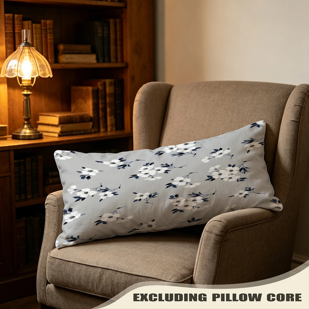 Blue White Provence Flower Print Long Pillow Cover, French Style, Garden Decorative, Polyester, Baby Shower Gift, Hypoallergenic