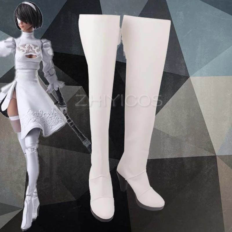 New Game Nier Automata Cosplay Shoes YoRHa 2B Knee Length PU Leather Cosplay Boots White High Heels Lace-up Size 35-47