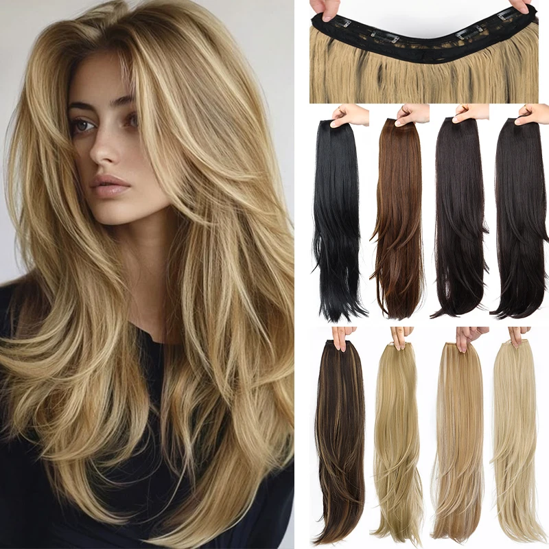 22 Inch High Temperature Fiber U Shape Invisible Hair Extensions One Piece Seamless Long Layered Curly Simulation Hair Wig For W