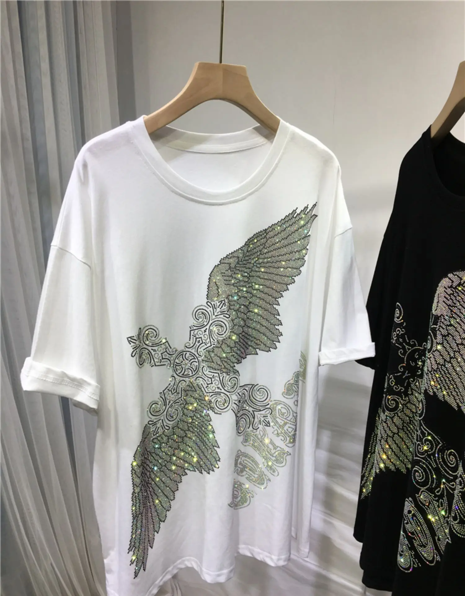 150KG Plus Size Women Men Brand T-shirt Summer Loose Fit Rhinestone Eagle Luxury T Shirt Cotton Black Big Size Women\'s Clothing