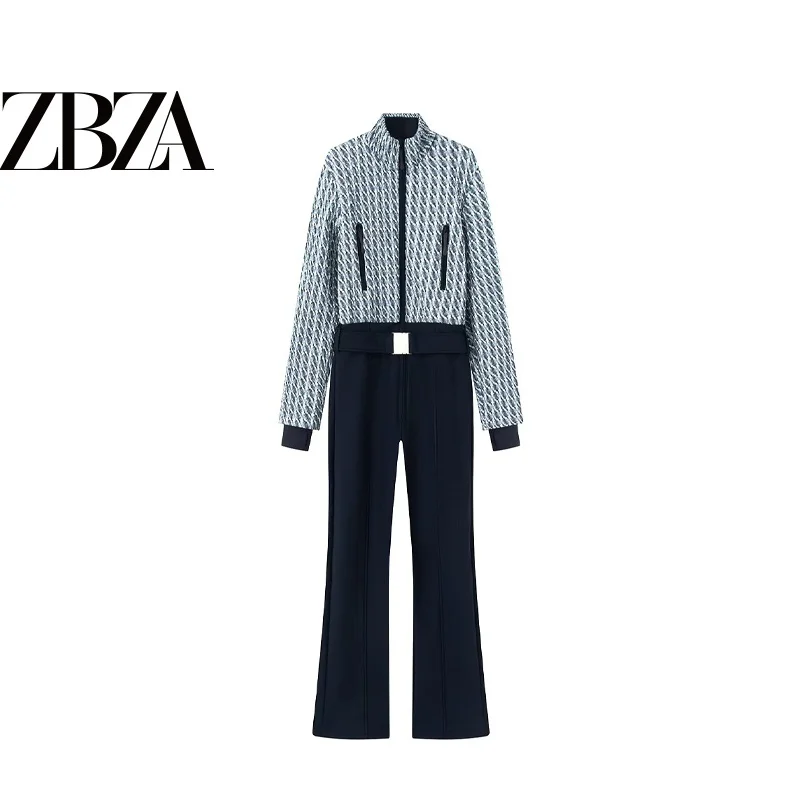 Fashionable Quilted Ski Cotton Suit with Belt And Stand Collar Jumpsuit for Women Commute Style Straight Leg Long Pants