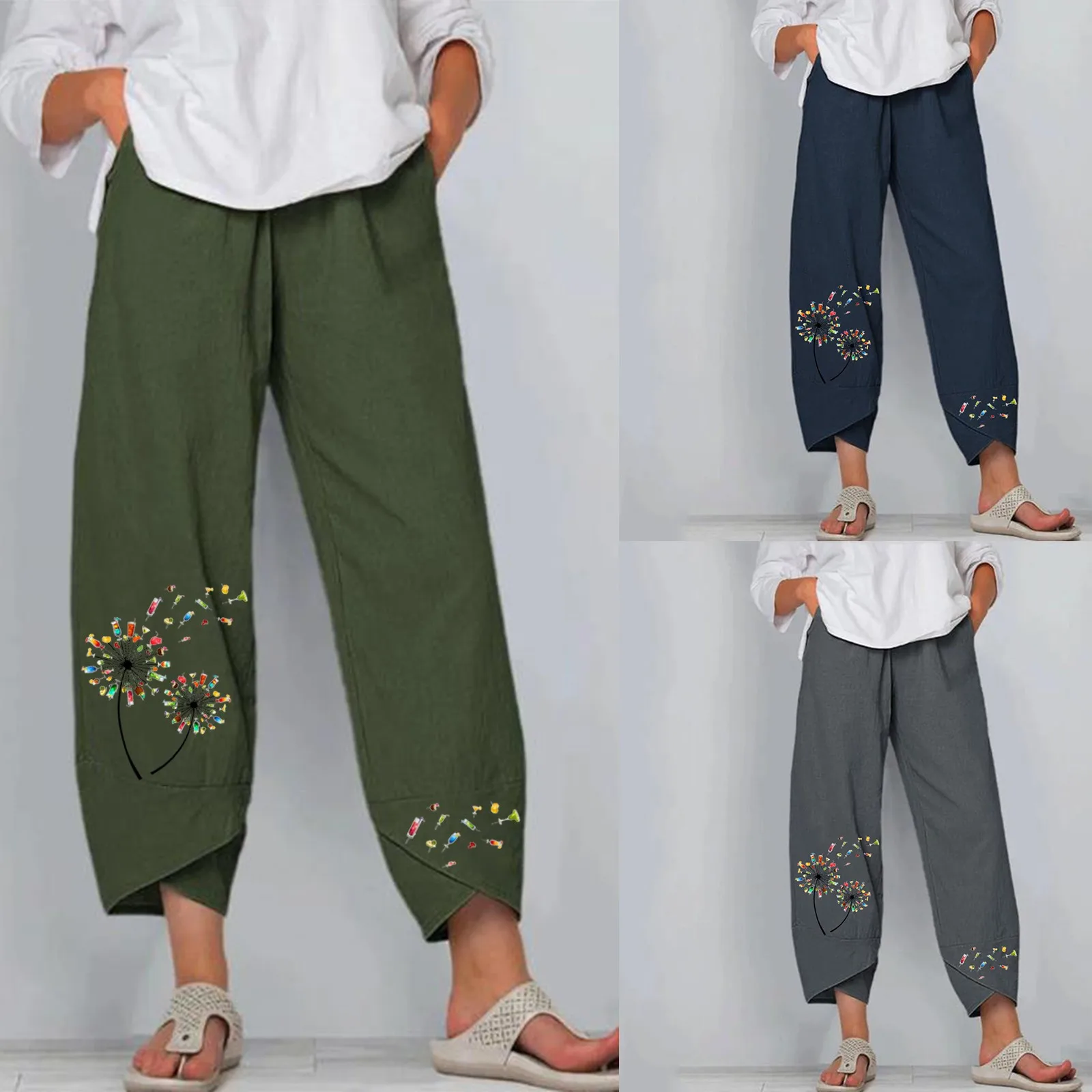 

Women Loose Cargo Pantalon Vintage Flowers Print Casual High Waist Elastic Waist Straight Ladies Pants Irregular Cropped Pants