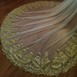 Real Shot Charming 3M Gold/White Cathedral Veil Lace Trim Luxury Wedding Bridal Veil Wedding Accessories with Metal Comb