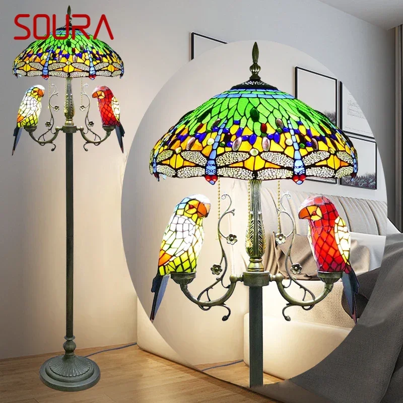 SOURA Tiffany Floor Lamp American Retro Living Room Bedroom Lamp Country  Stained Glass Floor Lamp